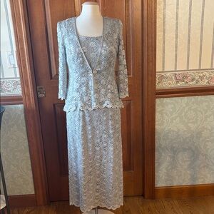 R & M Collection Elegant Gray and Sparkly Silver, Long Sleeve Lace Dress. Size 6